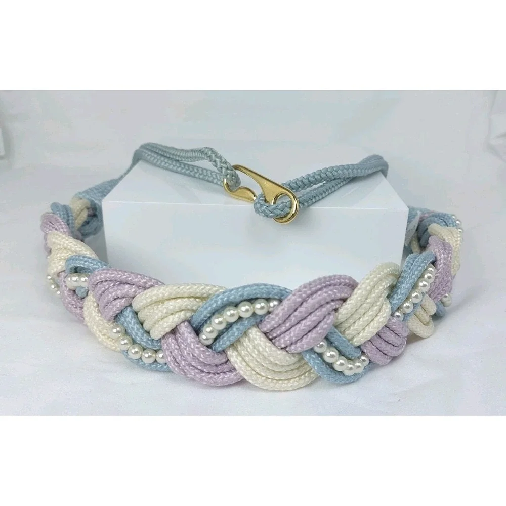 Vintage 80s Interpur Braided Cord Belt Pastel Pearl Cummerbund Back Hook 33